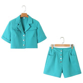 Collared Single Breasted Short-Sleeved Top High Waist Solid Color Shorts Casual Two-Piece Set